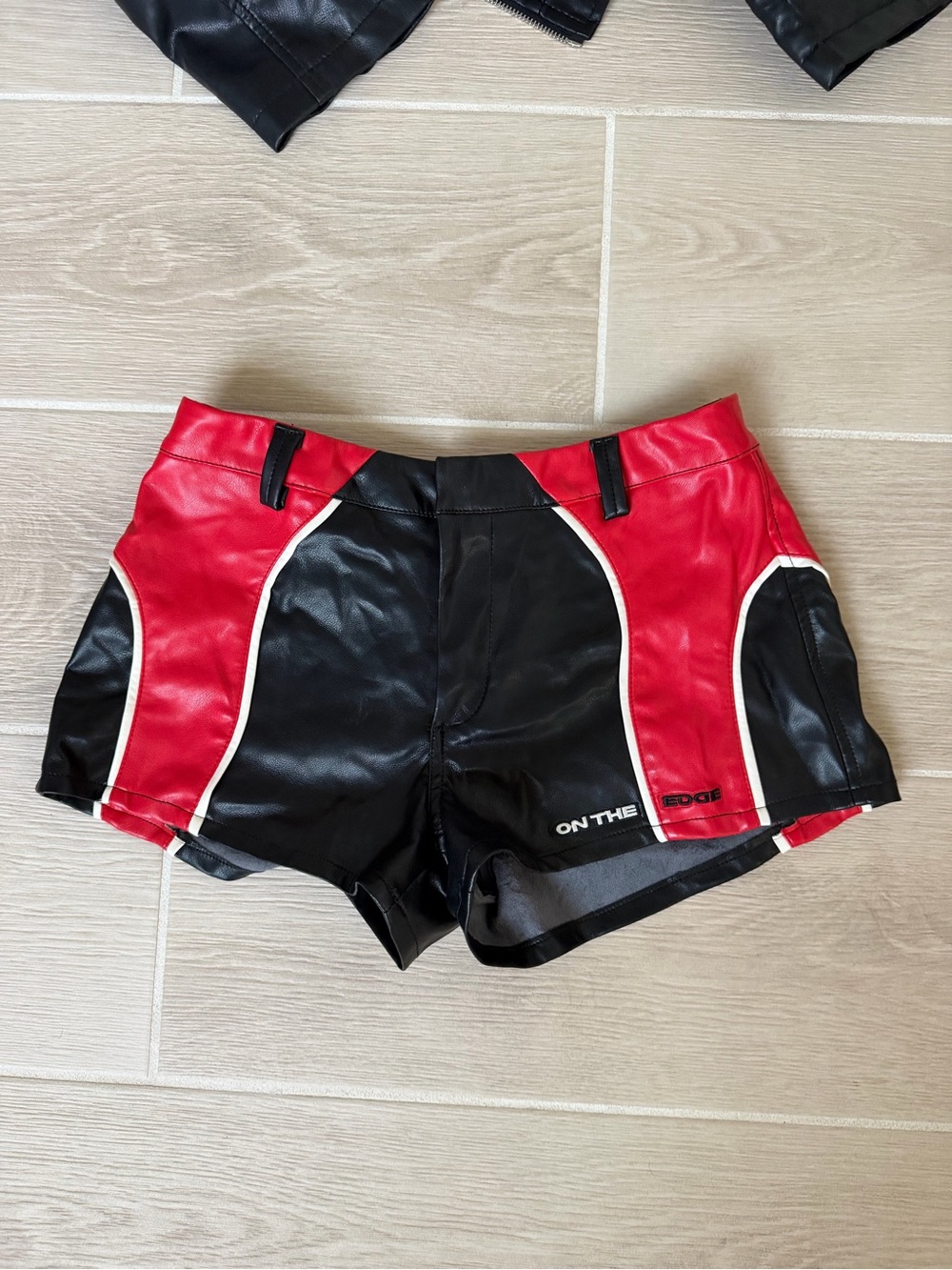 Fashion Nova Red and Black Faux Leather Bike Shorts